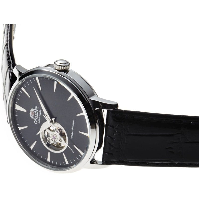 Orient Esteem Open Heart FAG02004B0 - ciemna tarcza z widoczną częścią mechanizmu