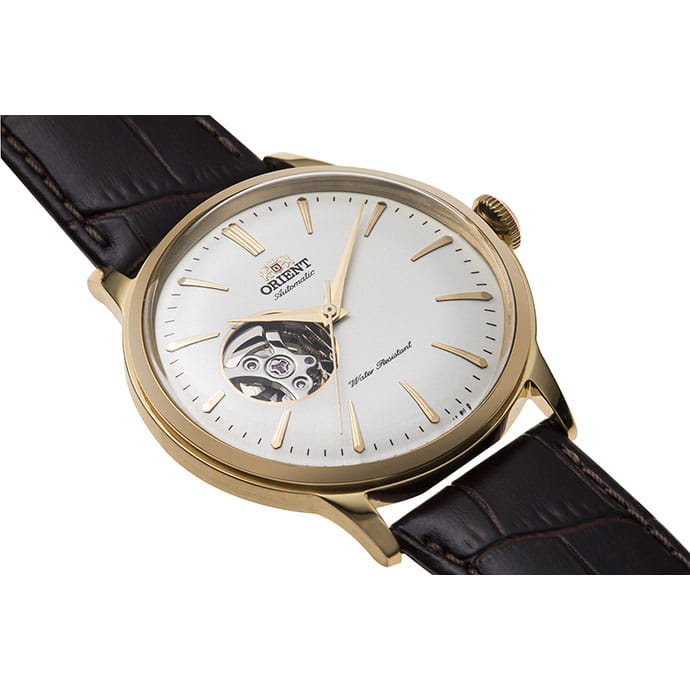 Orient Bambino Open Heart RA-AG0003S10B - jasna tarcza z indeksami liniowymi oraz otworem