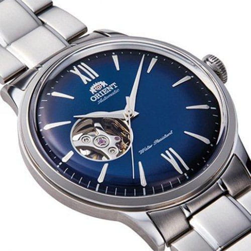 Orient Bambino Open Heart RA-AG0028L10B - gradientowa tarcza z indeksami oraz otworem z widocznym mechanizem