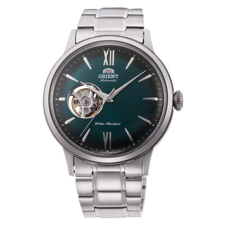 Orient Bambino Open Heart RA-AG0026E10B - zegarek automatyczny ze szmaragdową tarczą i widocznym mechanizmem