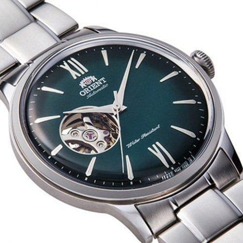 Orient Bambino Open Heart RA-AG0026E10B - zielona tarcz z indeksami liniowymi i otworem