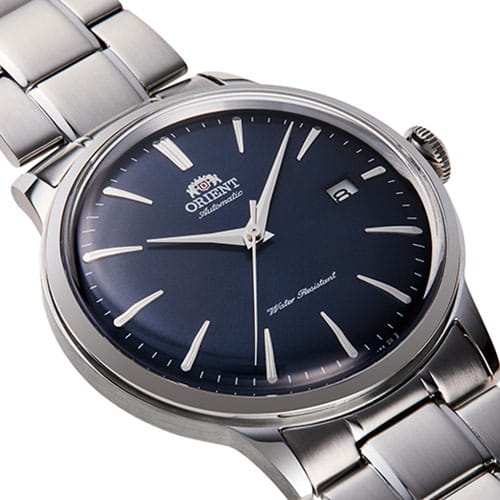 Orient Bambino Automatic RA-AC0007L10B - granatowa tarcza z indeksami liniowymi oraz datownikiem