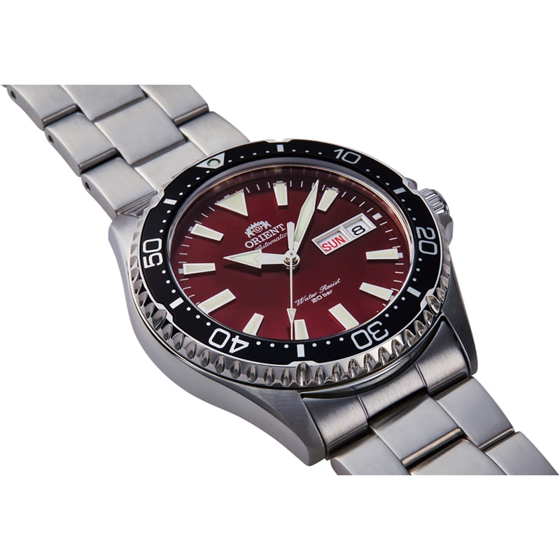Orient Mako RA-AA0003R19B - bordowa tarcza z indeksami, datownikiem i wskazaniem dnia tygdonia