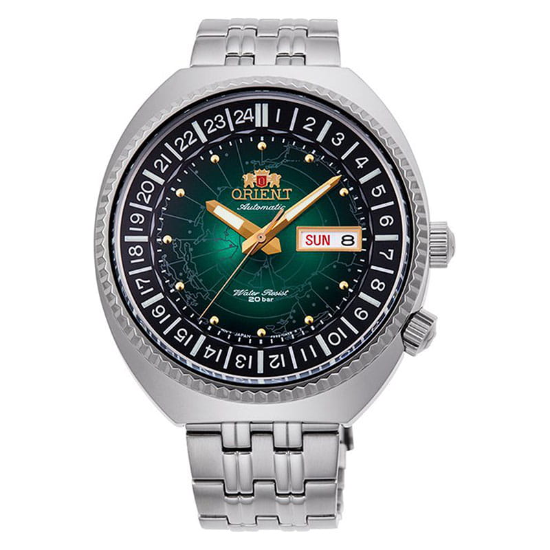 Orient World Map RA-AA0E02E19B - zegarek automatyczny z zieloną tarczą i stalową bransoletą