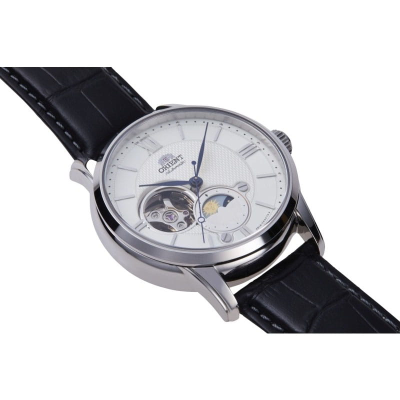 Orient Classic Sun & Moon Open Heart RA-AS0011S10B - biała tarcza z otwartym balansem oraz cyframi rzymskimi