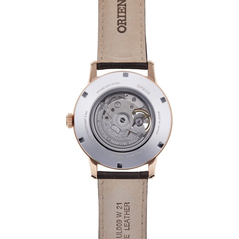 Orient Classic Sun & Moon Open Heart RA-AS0009S10B - przeszklony dekiel z widocznym mechanizmem