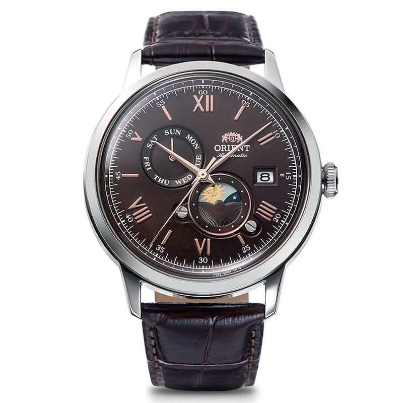 Orient Bambino Sun & Moon RA-AK0804Y10B – automat z brązowym cyferblatem i wskaźnikiem dnia i nocy