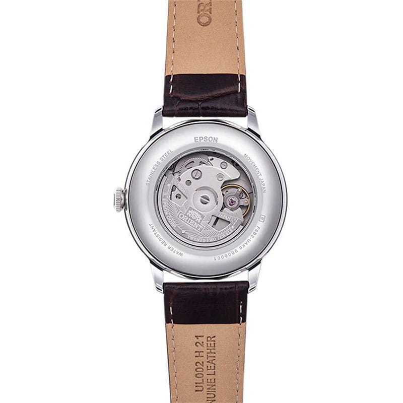 Orient Bambino Sun & Moon RA-AK0804Y10B – przeszklony dekiel z widocznym mechanizmem automatycznym