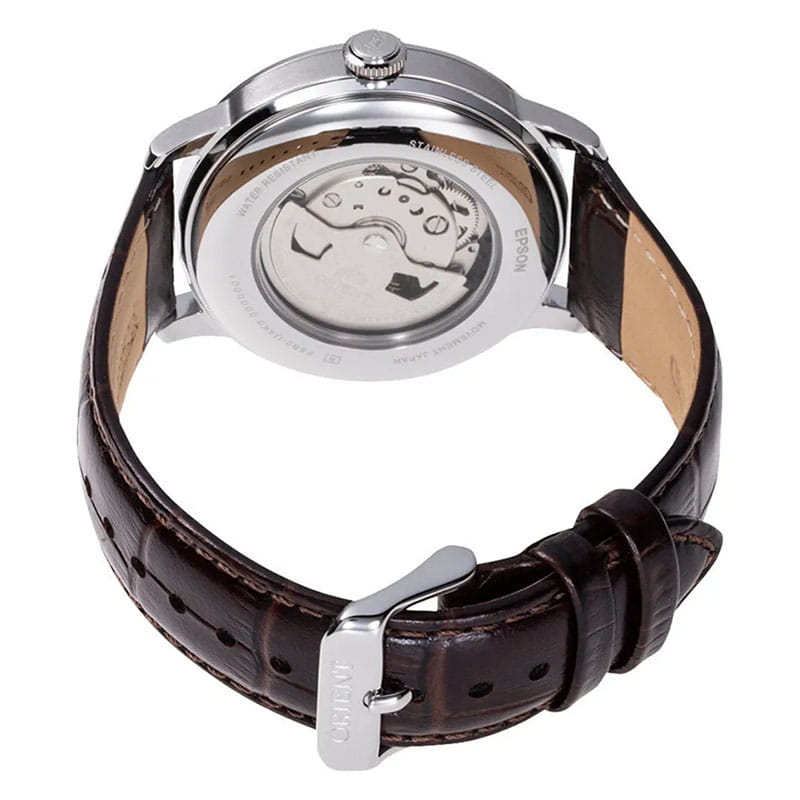 Orient Bambino Sun & Moon RA-AK0804Y10B – brązowy skórzany pasek ze wzorem krokodyla