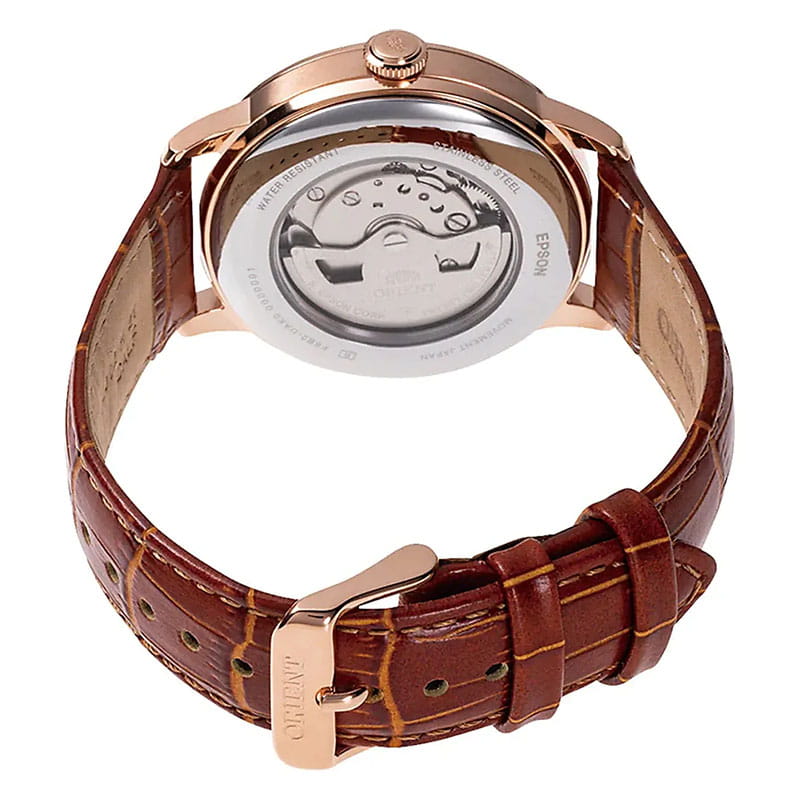 Orient Bambino Sun & Moon RA-AK0801S10B  – brązowy skórzany pasek o fakturze krokodyla