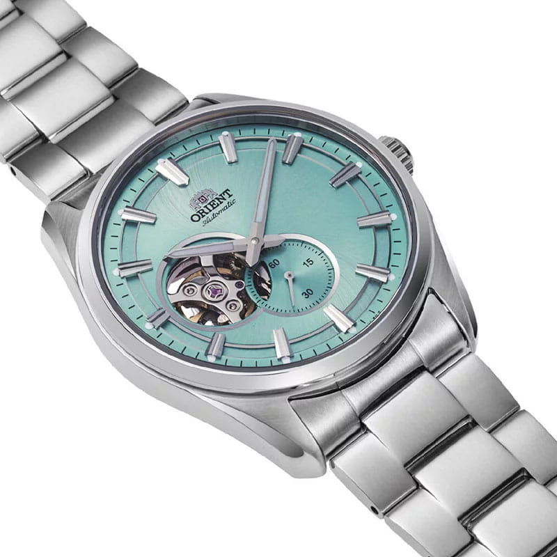 Orient Stretto Semi Skeleton RA-AR0009L10B - turkusowa tarcza z otworem, małym sekundnikiem oraz indeksami