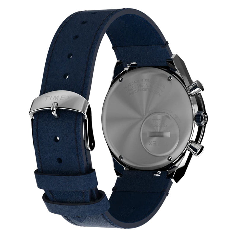 Timex Q Timex Chronograph TW2W51700 - tył zegarka z widocznym deklem oraz skórzanym paskiem