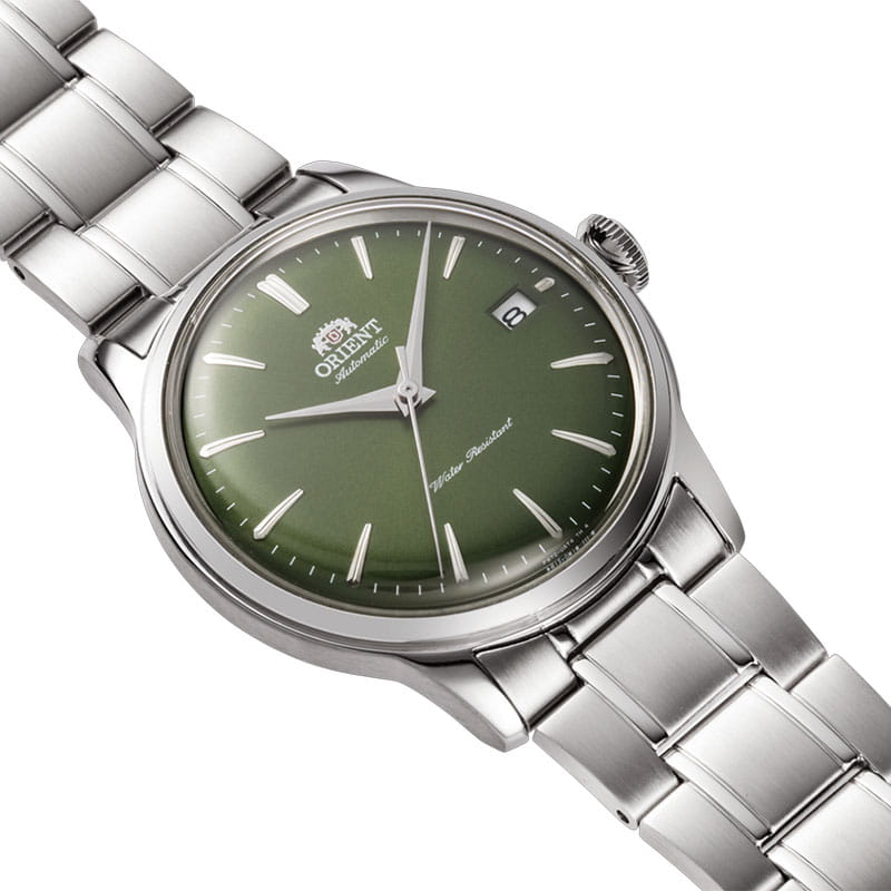 Orient Bambino Automatic RA-AC0M09E30B - zielona tarcza z indeksami liniowymi oraz datownikiem