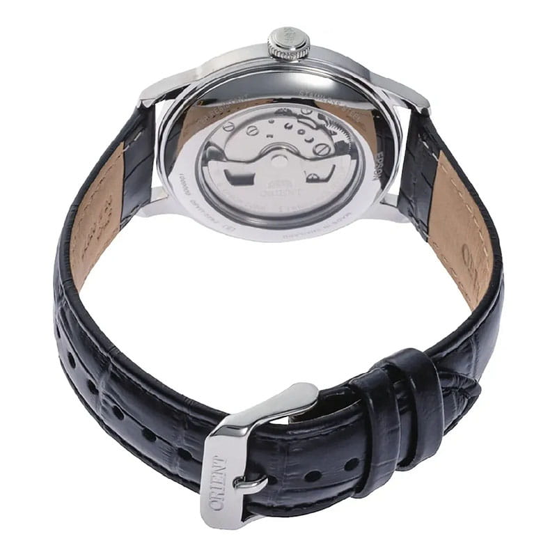 Orient Bambino Small Seconds RA-AP0101B30B – przeszklony dekiel z widocznym mechanizmem automatycznym