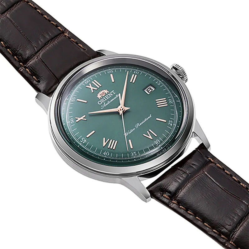 Orient Bambino Automatic RA-AC0023E30B - morska tarcza ze szlifem słonecznym i złotymi cyframi rzymskimi