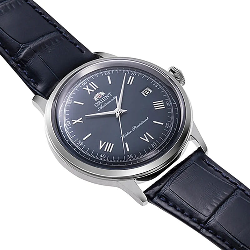Orient Bambino Automatic RA-AC0024L30B - granatowa tarcza ze szlifem słonecznym i złotymi cyframi rzymskimi