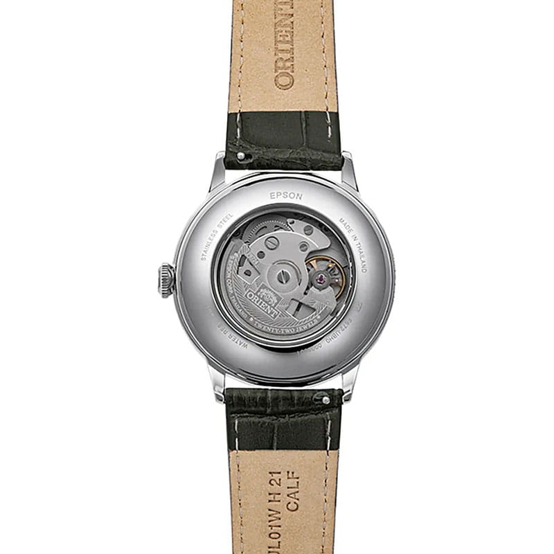 Orient Bambino Automatic RA-AC0025N30B - przeszklony dekiel z widocznym mechanizmem automatycznym