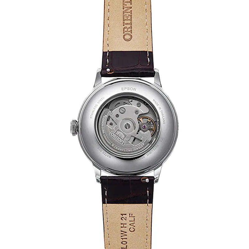 Orient Bambino Automatic RA-AC0026R30B - przeszklony dekiel z widocznym mechanizmem automatycznym