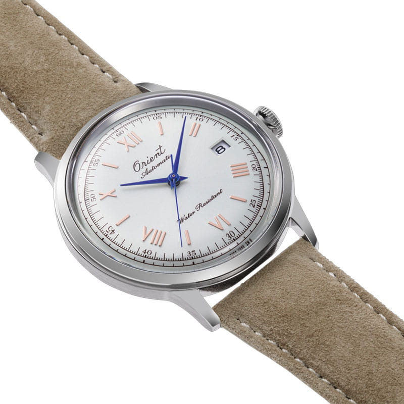 Orient Bambino Automatic 75th Anniversary Limited Edition RA-AC0027S30B - biała tarcza z vintage'owym logo i różowozłotymi cyframi rzymskimi