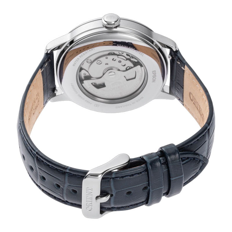 Orient Bambino Sun & Moon RA-AK0806L30B – granatowy skórzany pasek ze wzorem krokodyla