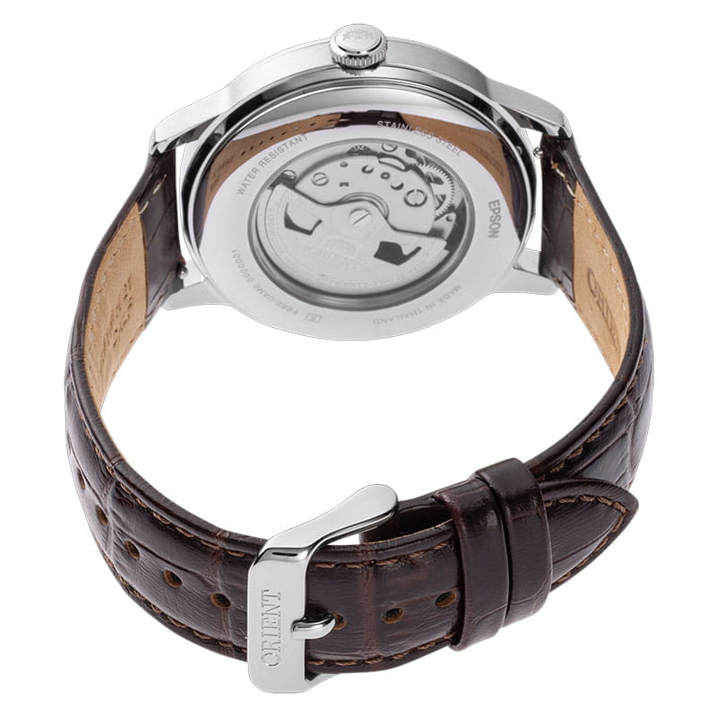 Orient Bambino Sun &amp; Moon RA-AK0807R30B – brązowy skórzany pasek ze wzorem krokodyla