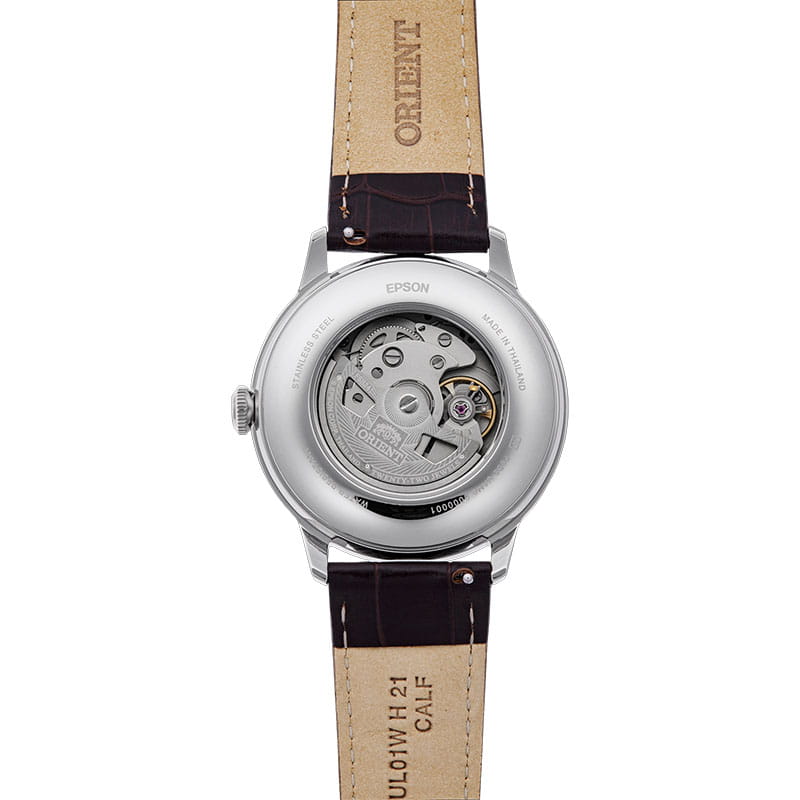 Orient Bambino Sun &amp; Moon RA-AK0807R30B – przeszklony dekiel z widocznym mechanizmem automatycznym