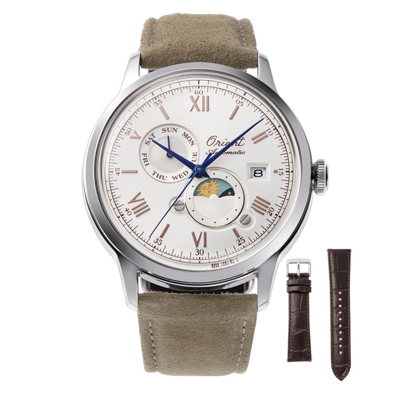 Orient Bambino Sun & Moon RA-AK0808S30B – limitowana edycja 75-lecia z białą tarczą