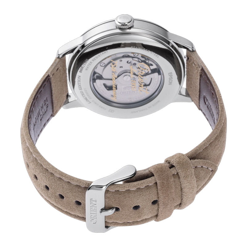 Orient Bambino Sun & Moon RA-AK0808S30B – beżowy pasek z systemem szybkiej zmiany i zapięciem na klamrę
