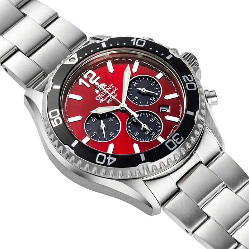 Orient Mako Solar Chronograph RA-TX0207R10B - czerwona tarcza z indeksami liniowymi, 3 totalizatorami oraz oknem datownika
