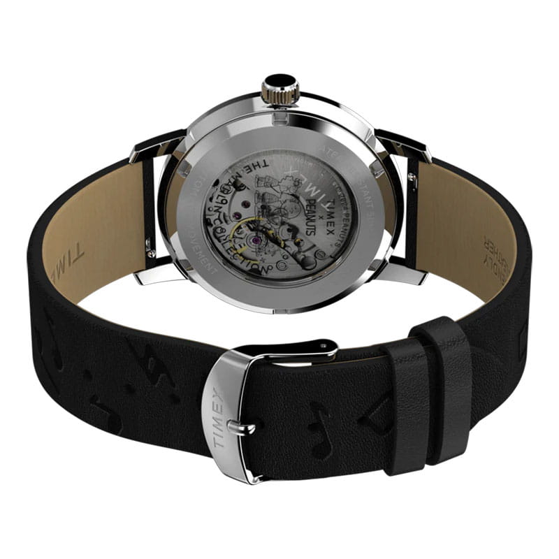 Timex Marlin x Peanuts Automatic TW2W68800 - tył zegarka z widocznym deklem oraz paskiem