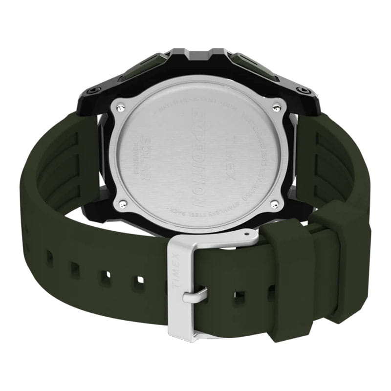 Timex Expedition Ridge Solar TW4B33700 - tył zegarka z widocznym deklem oraz gumowym paskiem