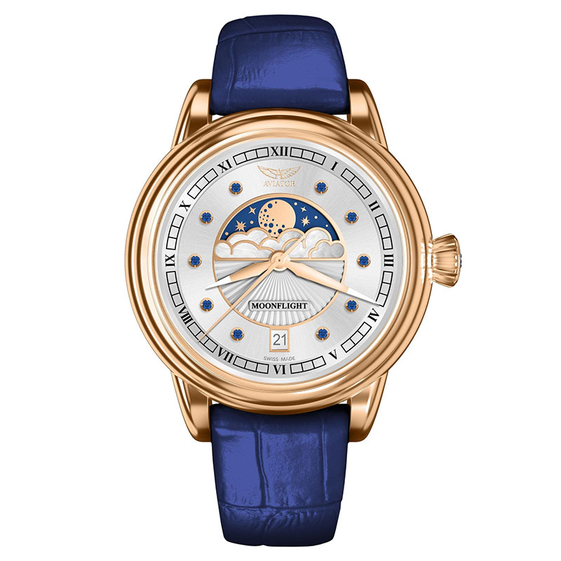 Aviator Moonflight Gemstone V.1.33.2.416.4 – damski zegarek złoty z szafirami i fazą księżyca