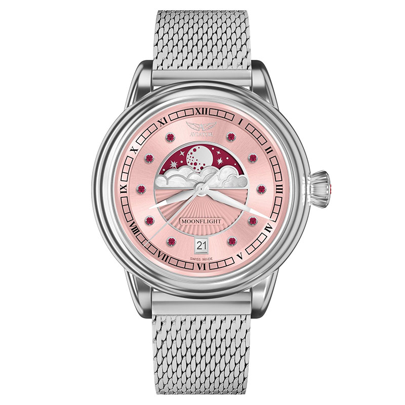Aviator Moonflight Gemstone V.1.33.0.417.5 – damski zegarek stalowy z różową tarczą i rubinami