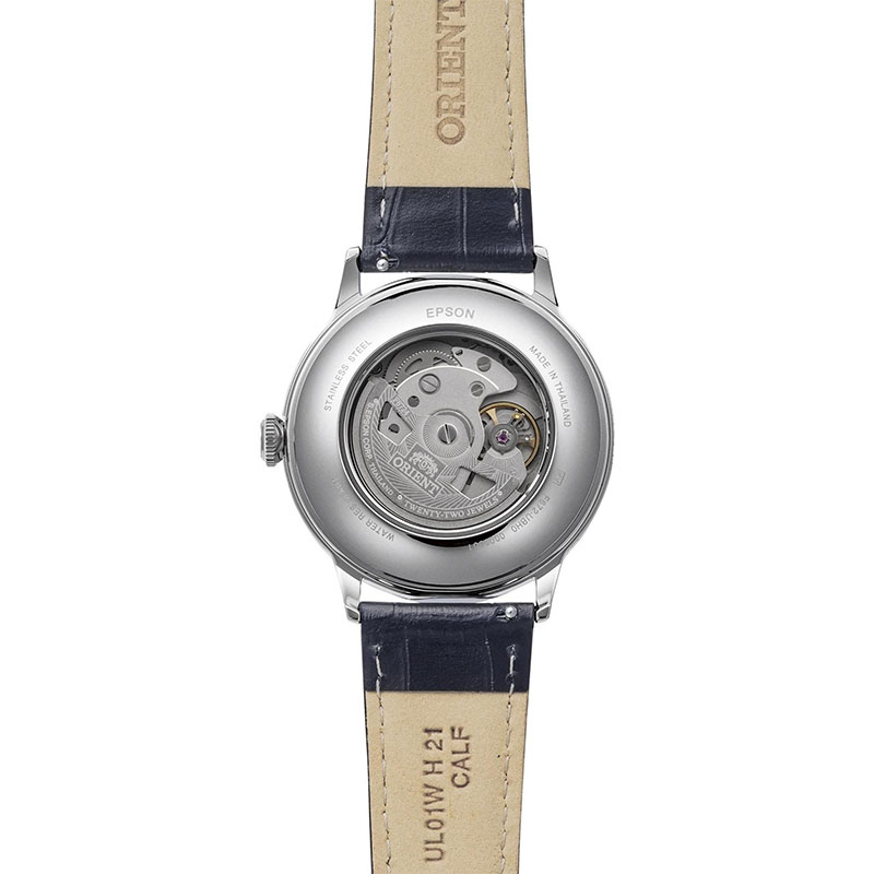 Orient Bambino Automatic RA-AC0032V30B – przeszklony dekiel z widocznym mechanizmem automatycznym
