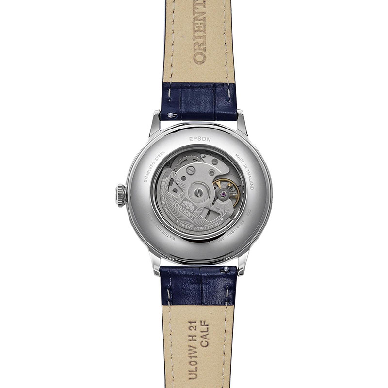 Orient Bambino Automatic RA-AC0030L30B – przeszklony dekiel z widocznym mechanizmem automatycznym