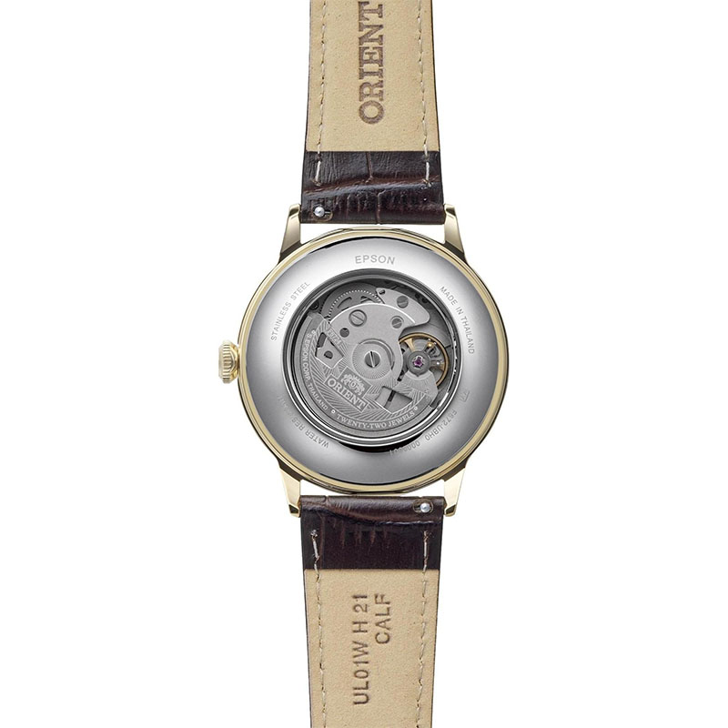 Orient Bambino Automatic RA-AC0028S30B – przeszklony dekiel z widocznym mechanizmem automatycznym