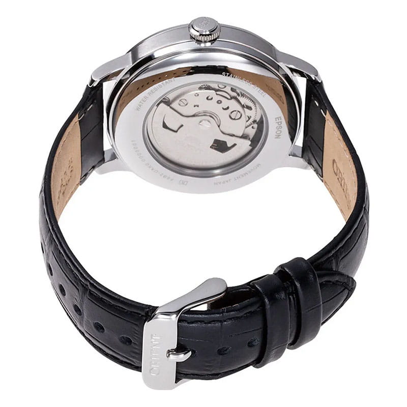 Orient Bambino Sun & Moon RA-AK0802S30B – czarny skórzany pasek o fakturze krokodyla