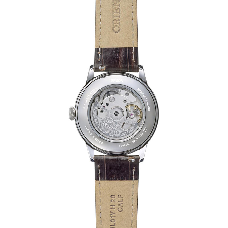 Orient Bambino Automatic RA-BB0004Y30B - przeszklony dekiel z widocznym mechanizmem automatycznym