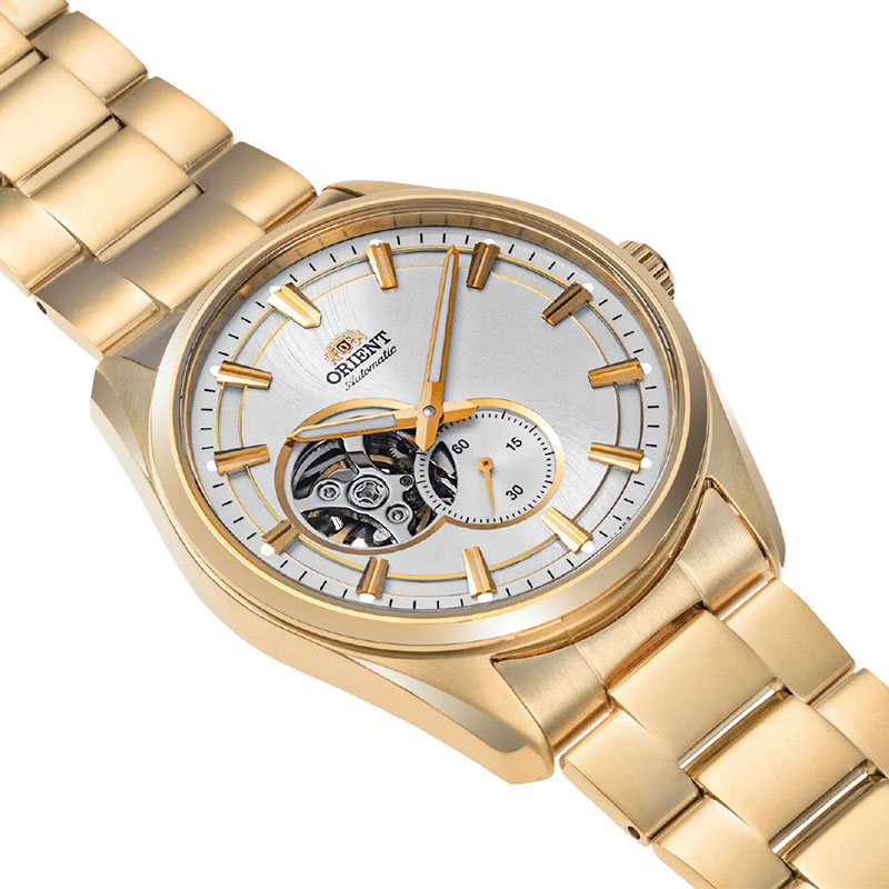 Orient Stretto Semi Skeleton RA-AR0007S10B - biała tarcza z otworem, małym sekundnikiem oraz indeksami