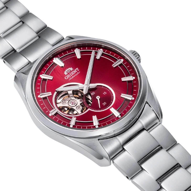 Orient Stretto Semi Skeleton RA-AR0010R10B - czerwona tarcza z otworem, małym sekundnikiem oraz indeksami