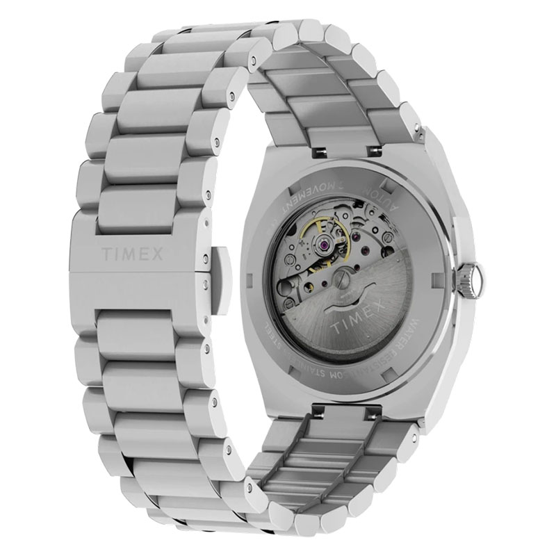 Timex E Line Automatic TW6A00500 – boczne ujęcie z widocznym deklem oraz zapięciem motylkowym