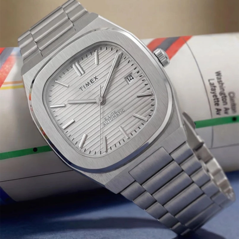Timex E Line Automatic TW6A00500 – zegarek automatyczny z kwadratową kopertą i srebrną tarczą