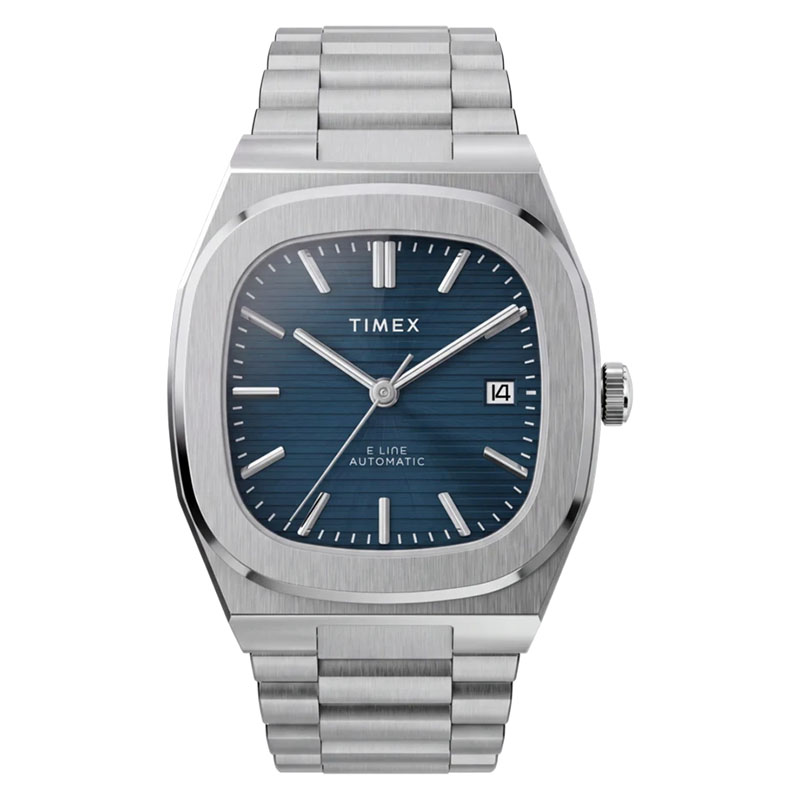 Timex E Line Automatic TW6A00700 – automat z kwadratową kopertą TV Dial i tarczą w kolorze niebieskim