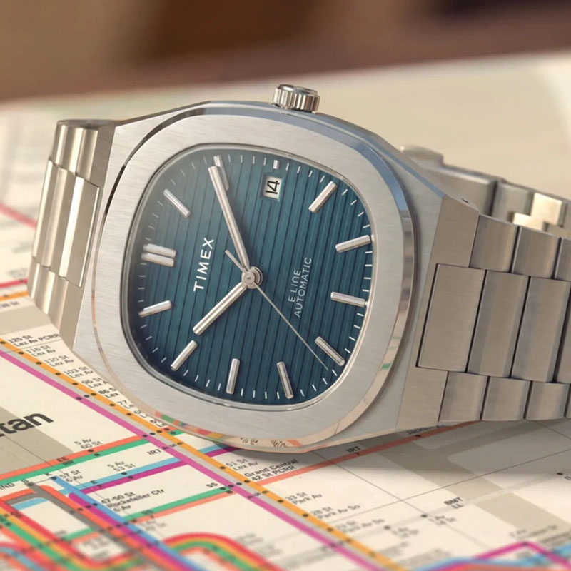 Timex E Line Automatic TW6A00700  – zegarek automatyczny z kwadratową kopertą i niebieską tarczą