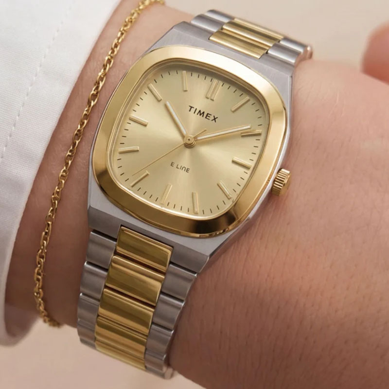 Timex E Line Quartz TW6A00800 – szampańska tarcza ze szlifem słonecznym i indeksami
