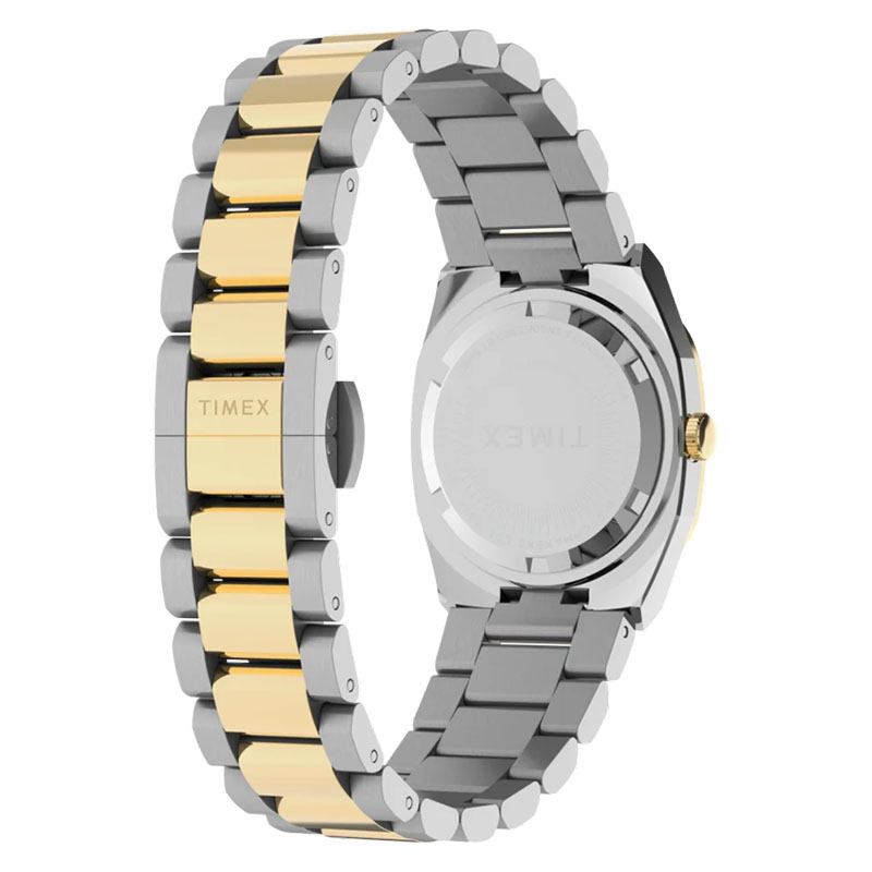 Timex E Line Quartz TW6A00800 – boczne ujęcie z widocznym deklem oraz zapięciem motylkowym