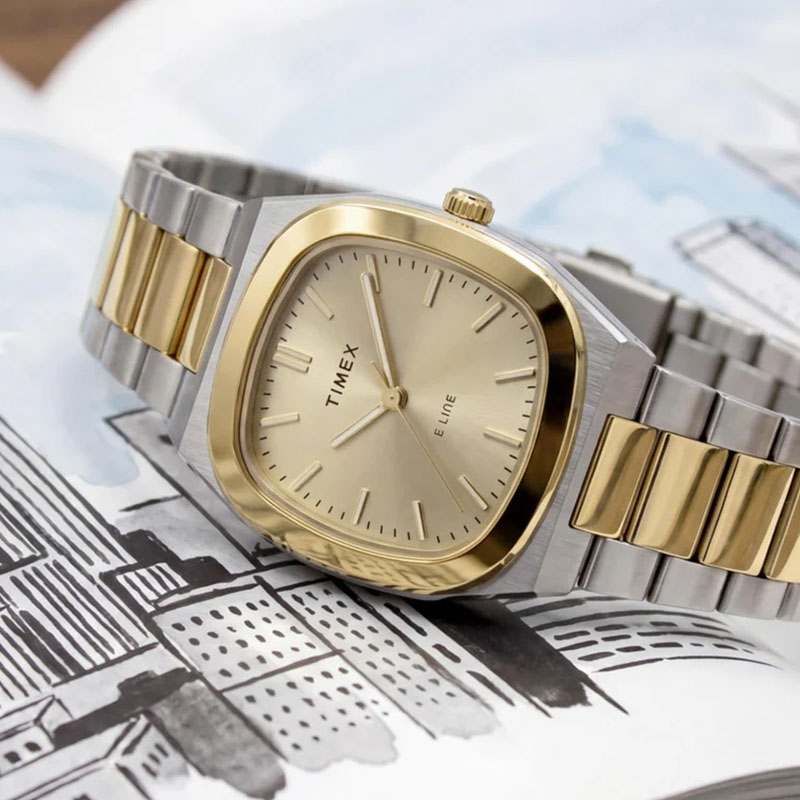 Timex E Line Quartz TW6A00800 – zegarek kwarcowy z kwadratową kopertą i szampańską tarczą