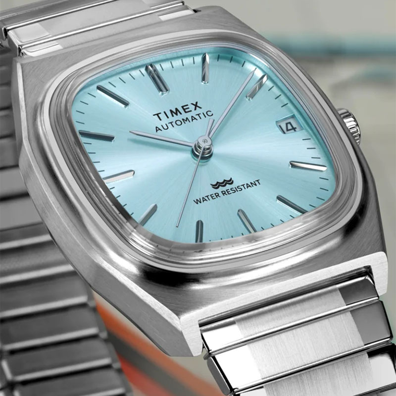 Timex E Line 1983 Automatic TW2Y66700 - szlif słoneczny na jasnoniebieskiej tarczy