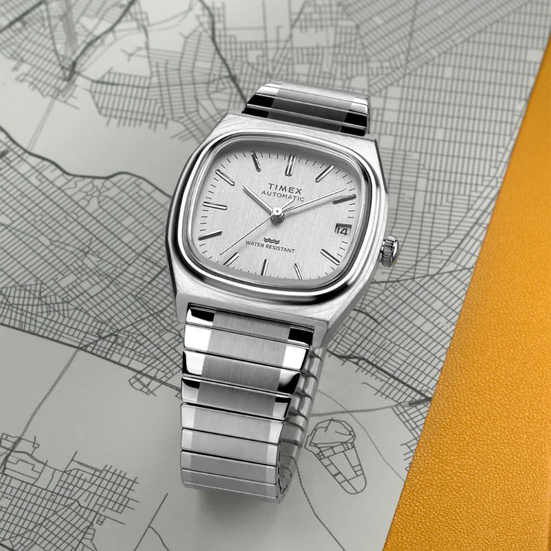Timex E Line 1983 Automatic TW2W70800 - srebrna tarcza z indeksami oraz datownikiem