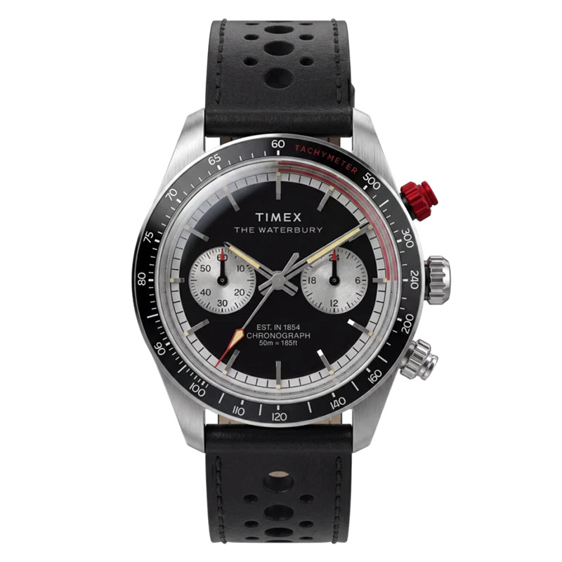 Timex Waterbury Heritage Chronograph TW2Y93300 – czarna tarcza panda z kontrastowymi subtarczami i bezel z tachymetrem
